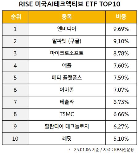 'rise 미국 ai테크액티브' etf의 포트폴리오 상위 종목 10개 현황.